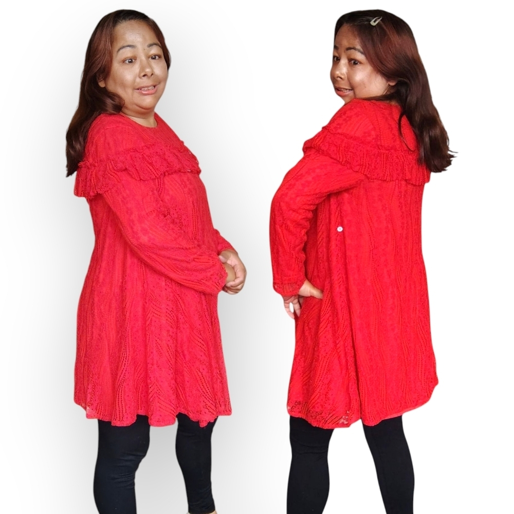Scarlet Womens Large Red Knit Dress with Ruffle Accents